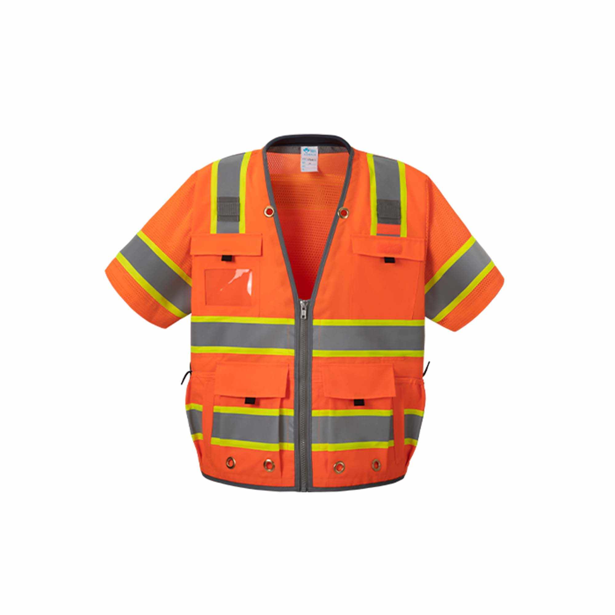 Class 3 surveyor vest with reflective stripes and multiple pockets.