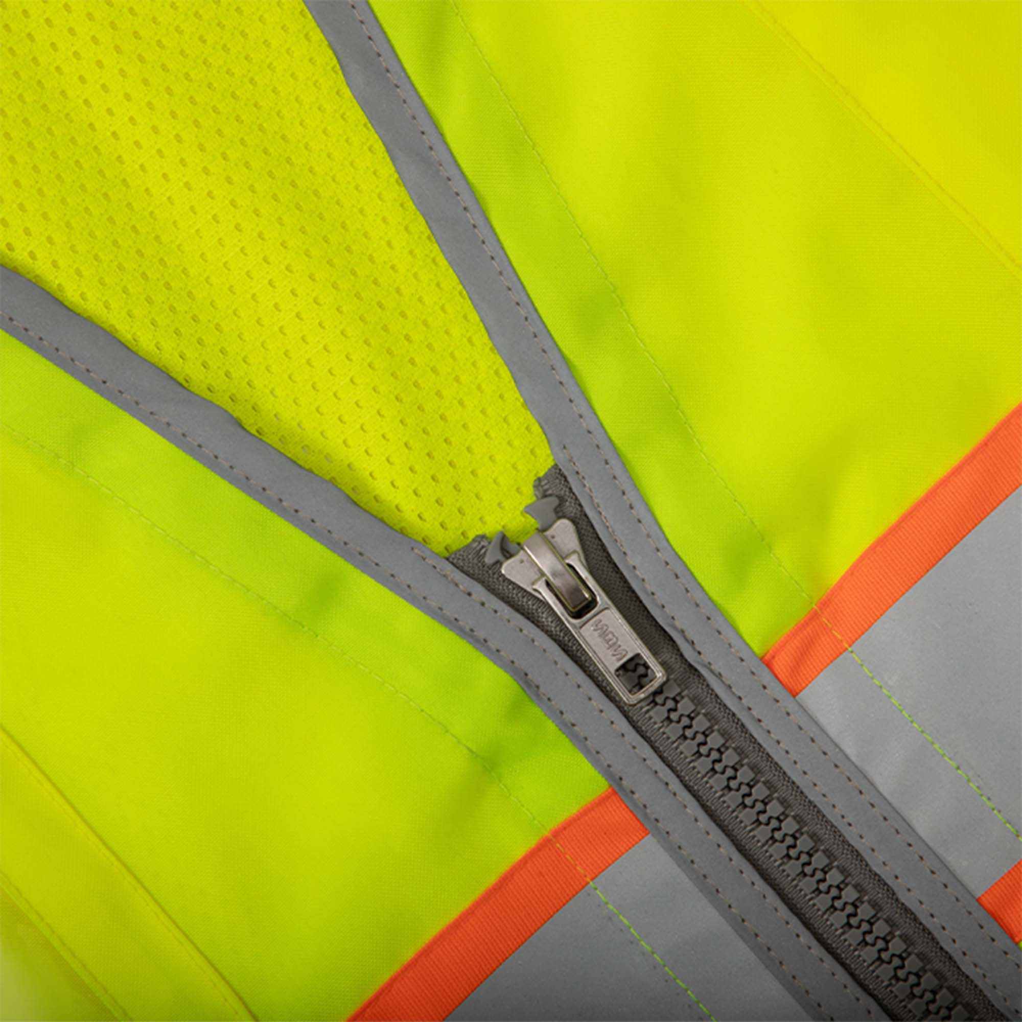 Class 3 surveyor vest with reflective stripes and multiple pockets.