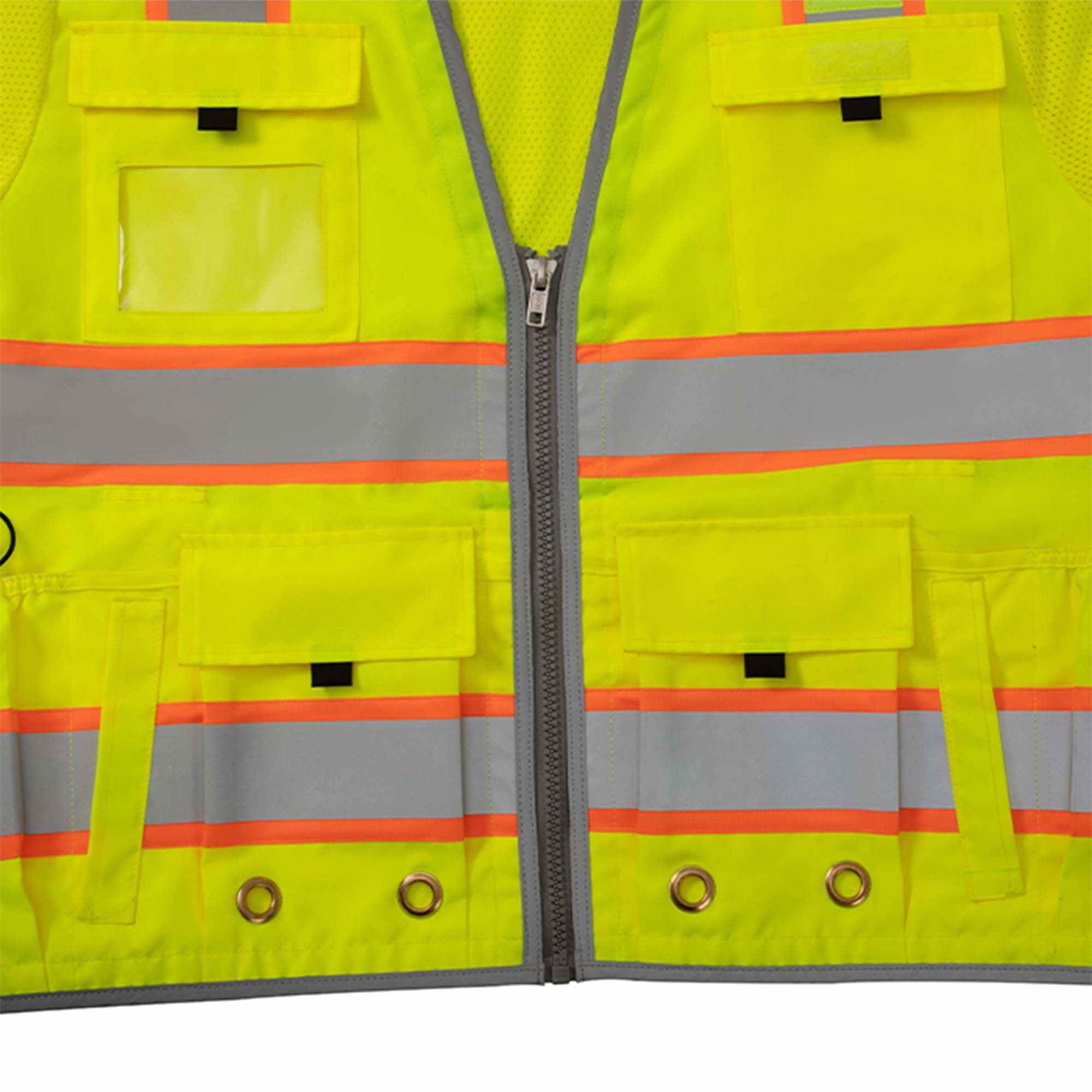 Class 3 surveyor vest with reflective stripes and multiple pockets.
