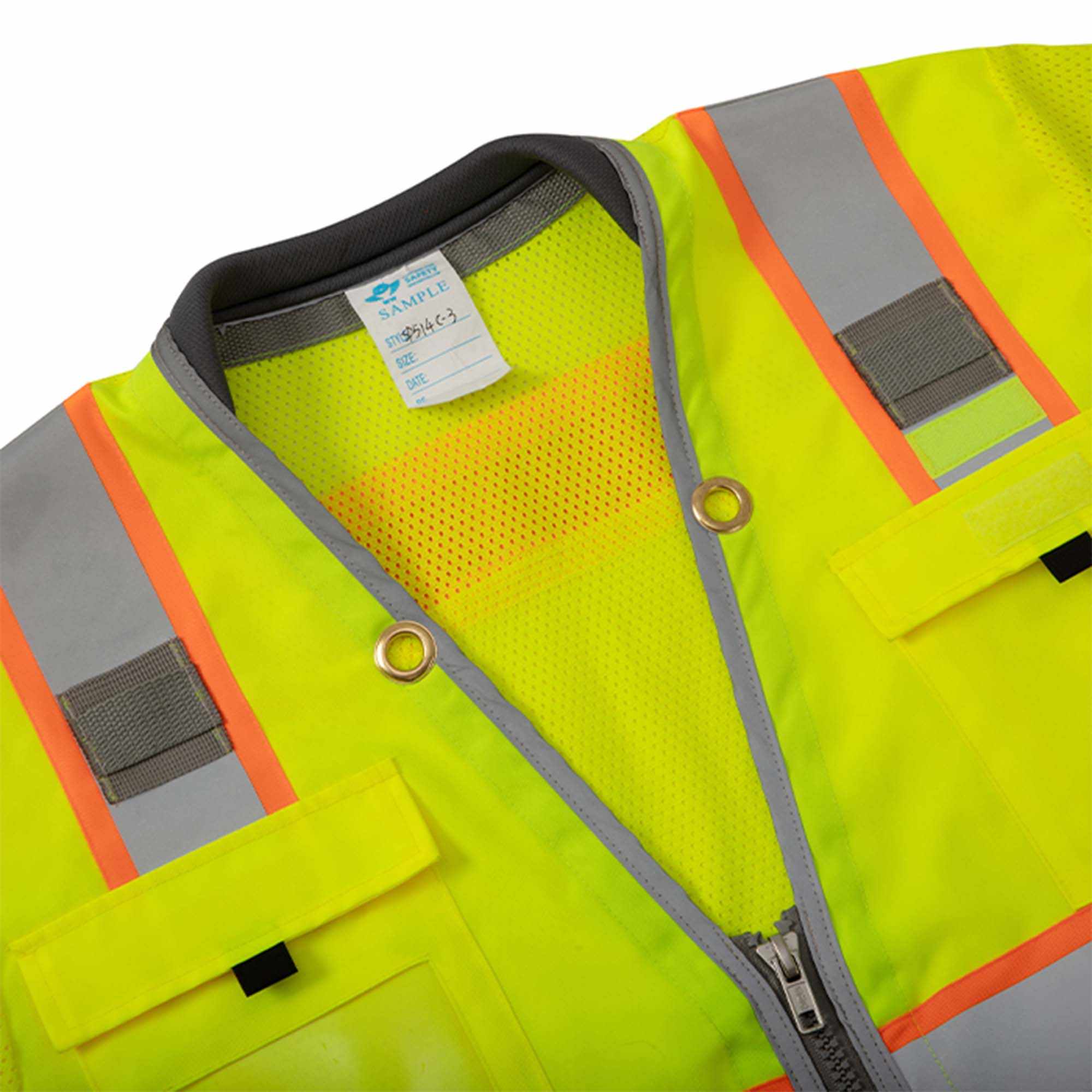 Class 3 surveyor vest with reflective stripes and multiple pockets.