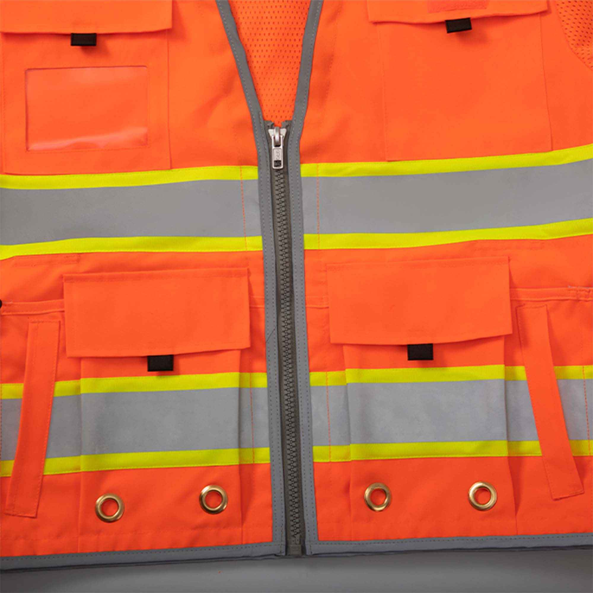 Class 3 surveyor vest with reflective stripes and multiple pockets.