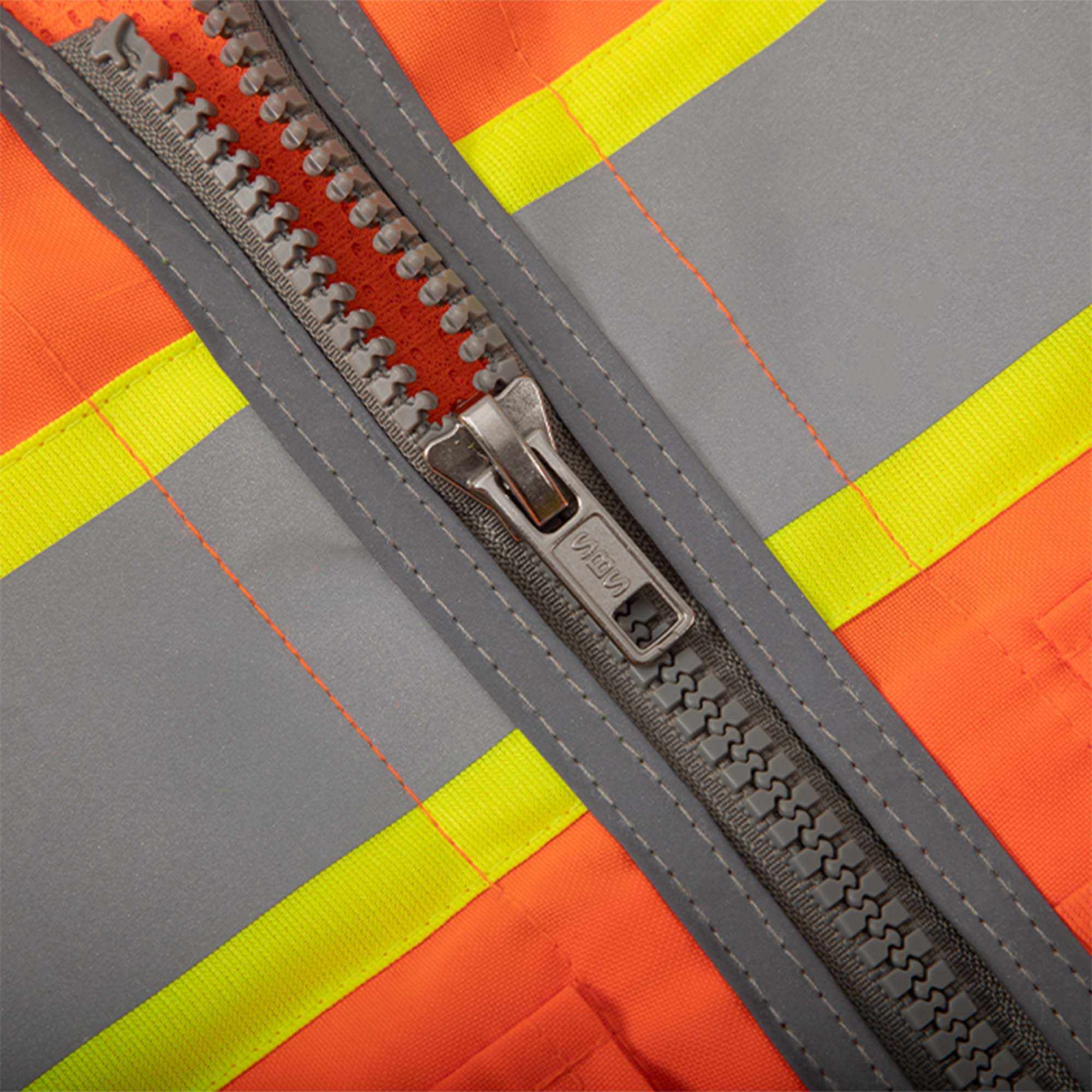 Class 3 surveyor vest with reflective stripes and multiple pockets.